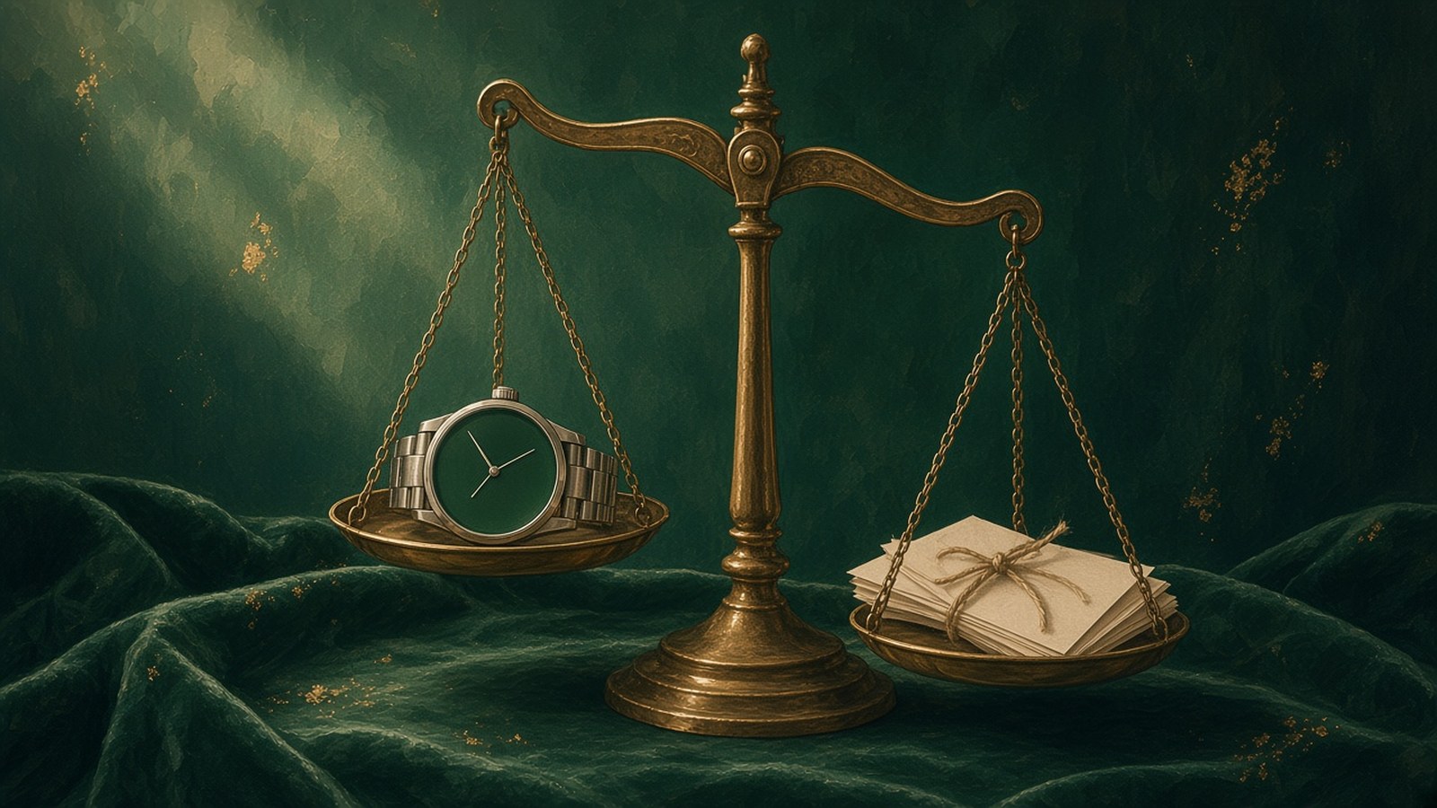 Painting of a brass balance scale on emerald velvet weighing a green-dial steel watch against a bundle of blank paper tags