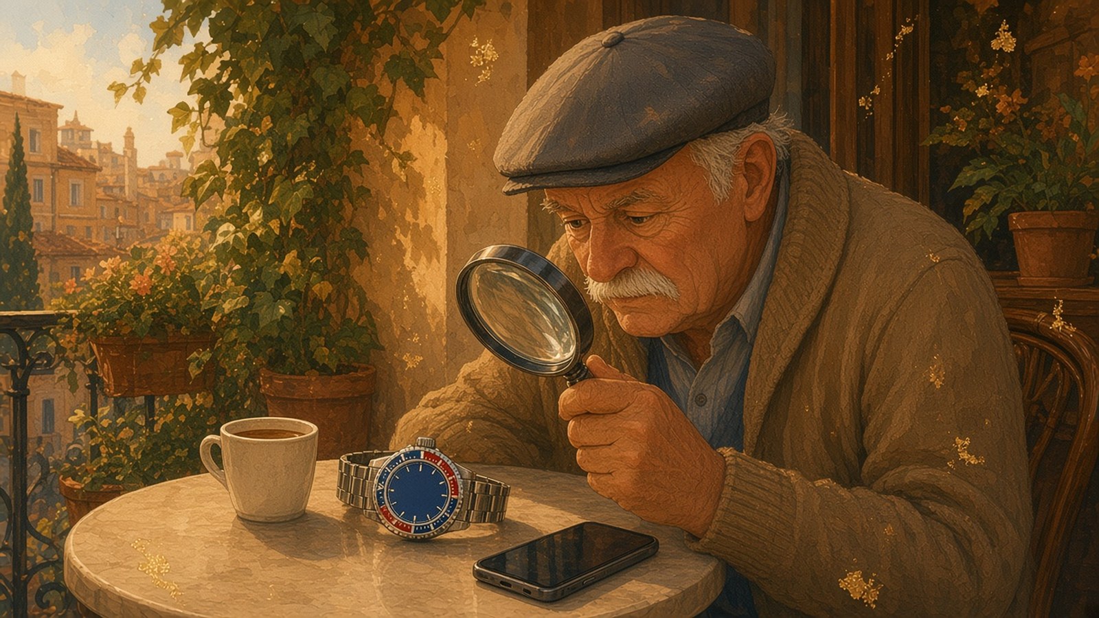 Painting of an older man in a flat cap studying a watch with a blue-and-red bezel through a magnifying glass at a sunny Roman cafe table