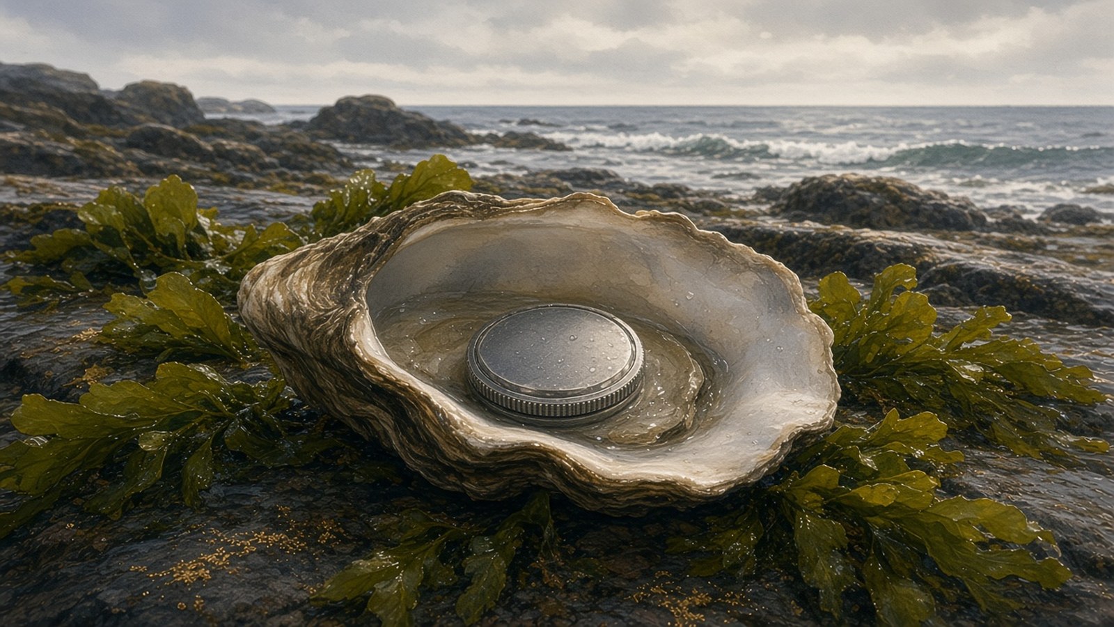 Painting of a round steel watch case nestled like a pearl inside an open oyster shell on wet rocks at low tide
