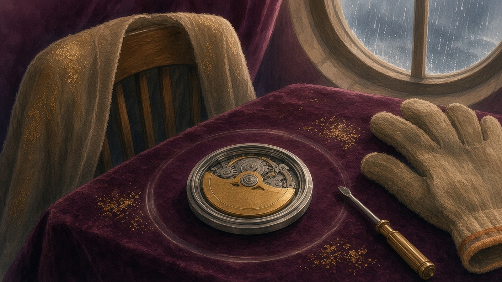 Painting of an opened watch showing a half-moon brass rotor over its gears on plum velvet, beside a screwdriver and a wool glove under a rainy attic window