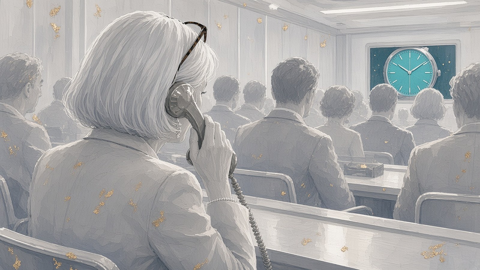 Painting of a white-haired telephone bidder raising her hand in a pale grey saleroom while a turquoise watch dial glows on the screen ahead