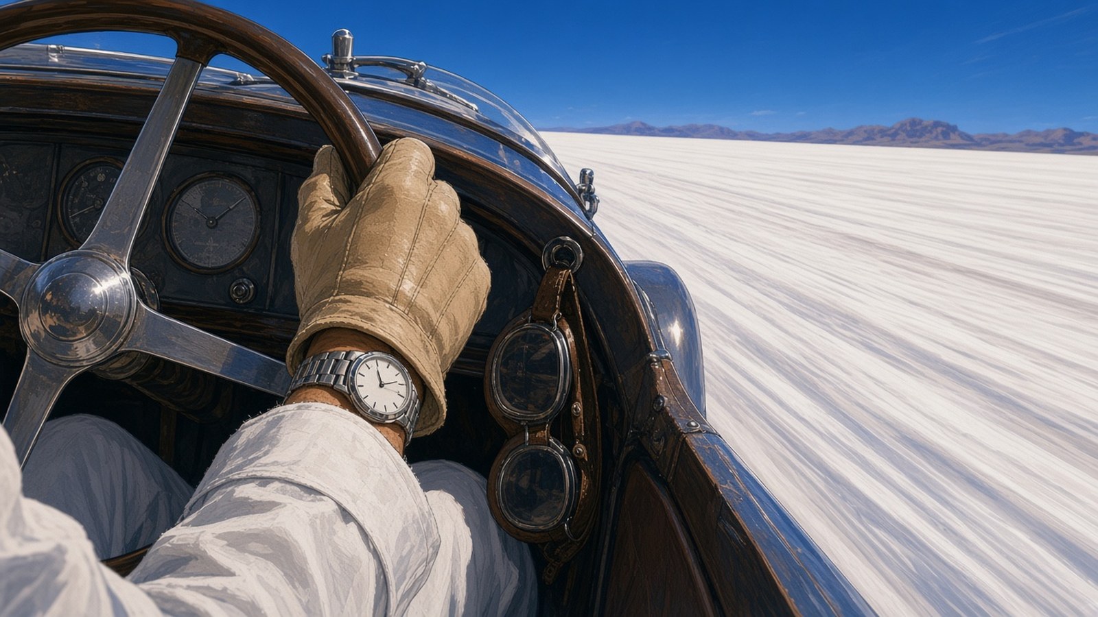 Painting of a gloved hand on the wooden wheel of a 1930s record car racing across a white salt flat, a steel watch at the driver's cuff