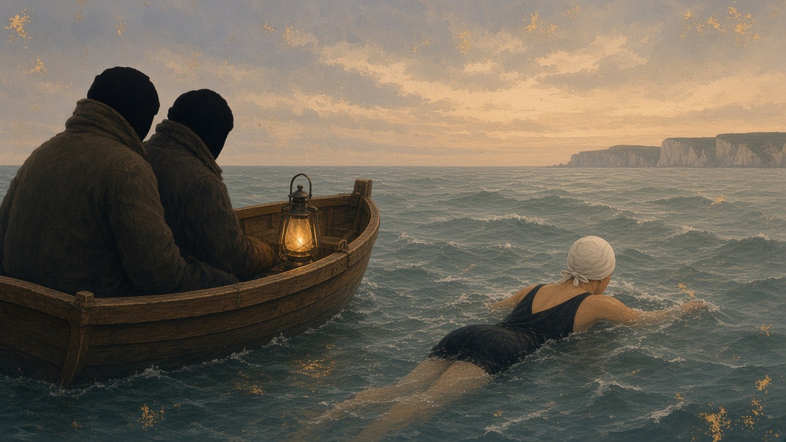 Painting of a swimmer in a white cap and dark wool suit crossing a cold grey-green sea at dusk beside a lantern-lit rowing boat, white cliffs on the horizon
