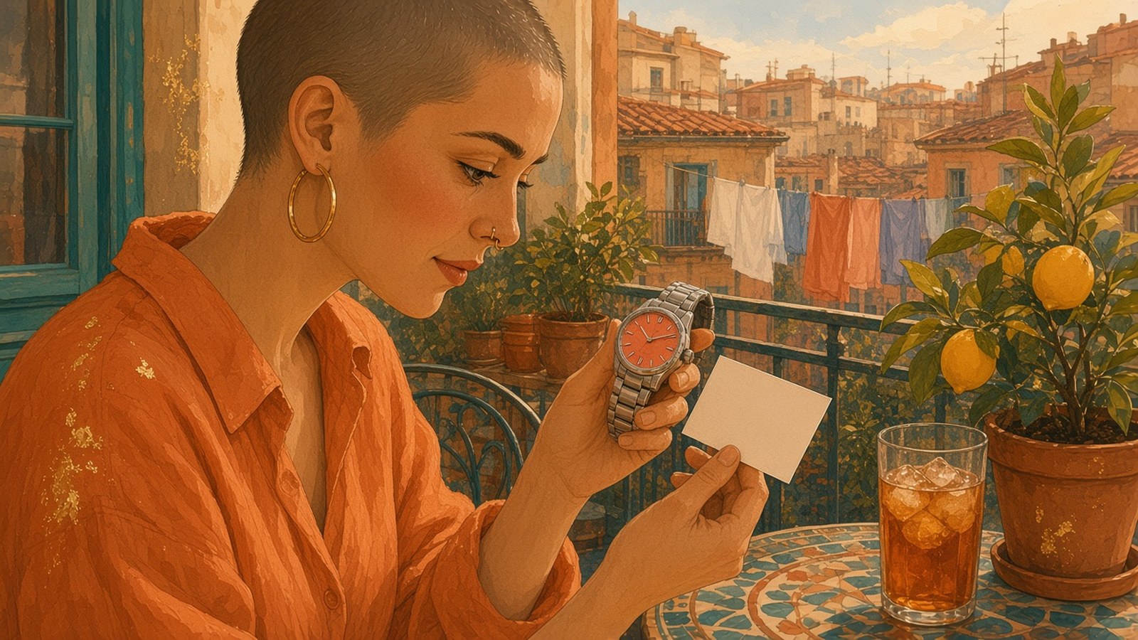 Painting of a woman with a shaved head and gold hoops comparing a blank card with a coral-dial steel watch on a sunny city balcony with laundry lines and a lemon tree