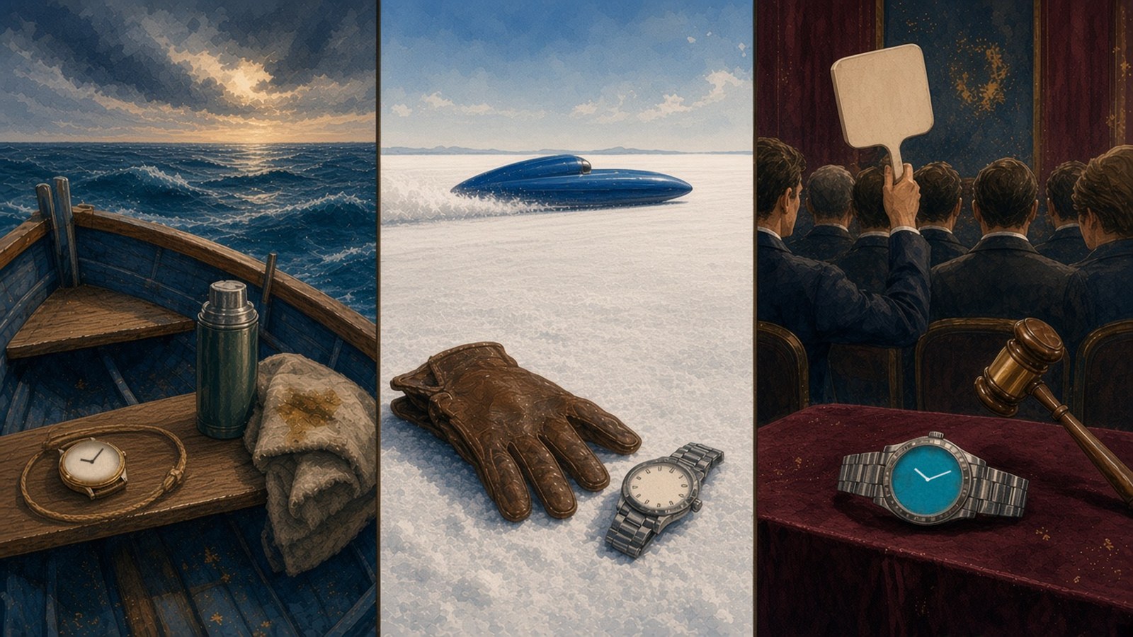 Painted triptych: a gold watch on a ribbon beside a thermos and a blanket in a rowing boat on a rough sea; a driving glove and a steel watch on a white salt flat with a blue streamlined racing car far off; and a steel watch with a turquoise dial on a velvet-covered table in an auction room as a gavel falls and a paddle is raised.