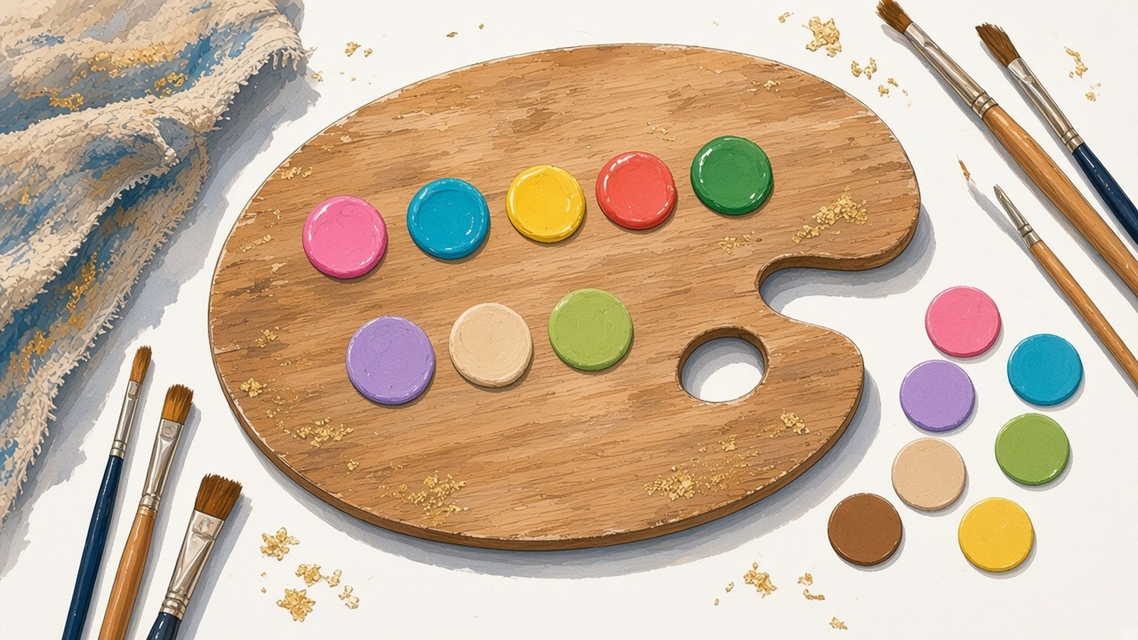 Painting from above of a wooden palette with dabs of pink, turquoise, yellow, coral, green, lavender, beige and pistachio paint, and blank colored dials drying beside it