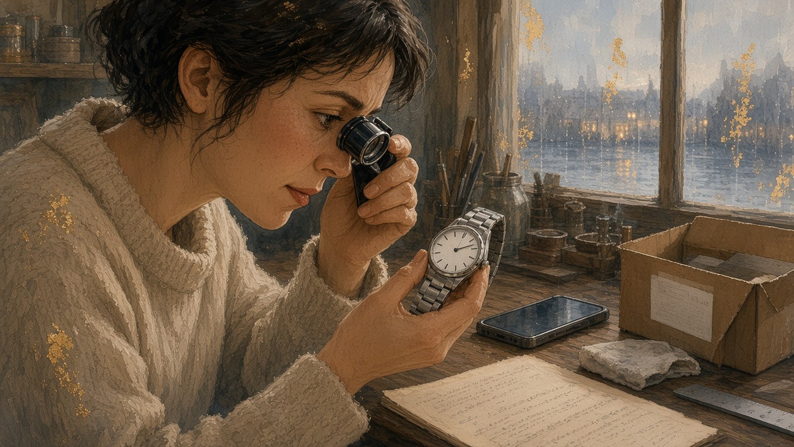 Painting of a woman with short dark hair in a cream knit sweater studying a white-dial steel watch through a loupe at a desk, with a phone, handwritten notes, a ruler and an opened shipping box beside her and a rainy window behind.