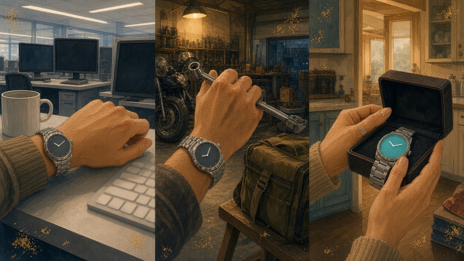 Painted triptych of hands only: a steel watch with a dark dial on a wrist resting by a keyboard and coffee mug in an office; the same kind of watch on a hand gripping a wrench in a garage beside a motorcycle and a canvas bag; and a woman's hands opening a box to reveal a steel watch with a turquoise dial.