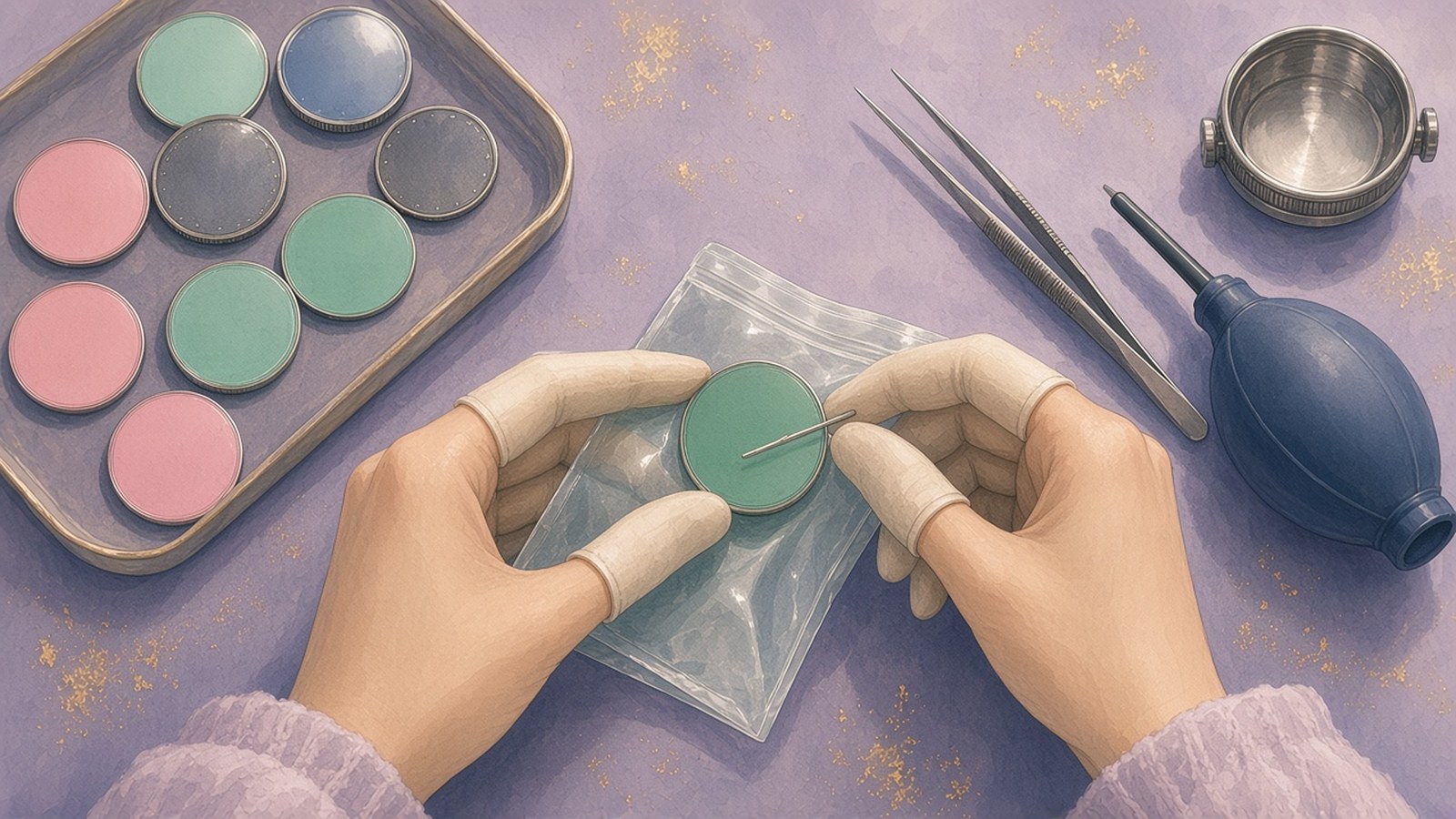 Painting from above of hands in cotton finger cots sliding an original green dial into a small clear envelope, with a tray of colored replacement dials pushed aside