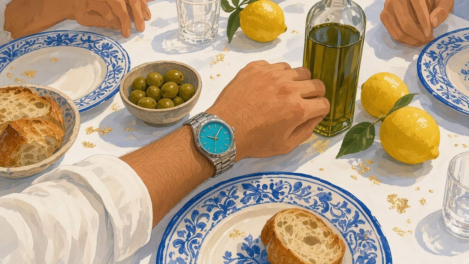 Painting from above of a sunny lunch table with blue-and-white plates, lemons and olives, a sunburnt arm with a turquoise-dial steel watch reaching for the olive oil