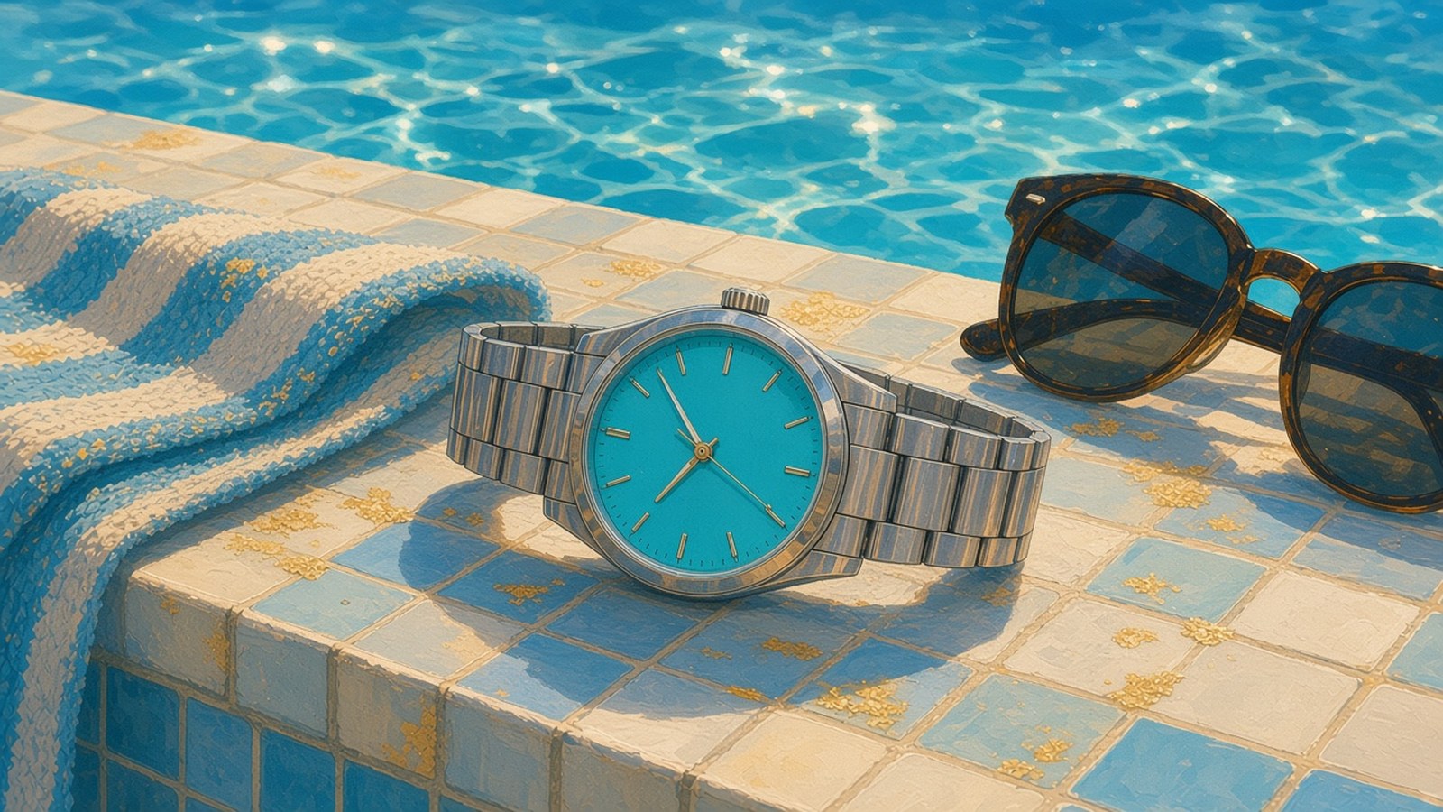 Painting of a steel watch with a bright turquoise dial on the tiled edge of a sunlit swimming pool beside a striped towel and sunglasses