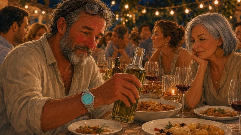 Painting of a gray-bearded man in a linen shirt, reading glasses pushed up in his hair, reaching for a bottle of olive oil at a crowded outdoor dinner under string lights, a steel watch with a turquoise dial on his wrist, while a silver-haired woman across the table watches with a small smile.