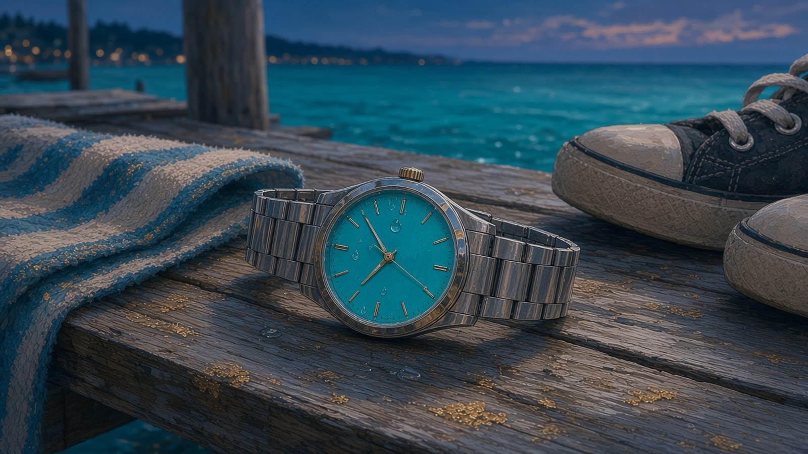 Painting of a steel watch with a turquoise dial lying on a weathered wooden jetty at dusk, beside a striped towel and a pair of worn canvas sneakers, with a turquoise sea and distant shore lights behind.