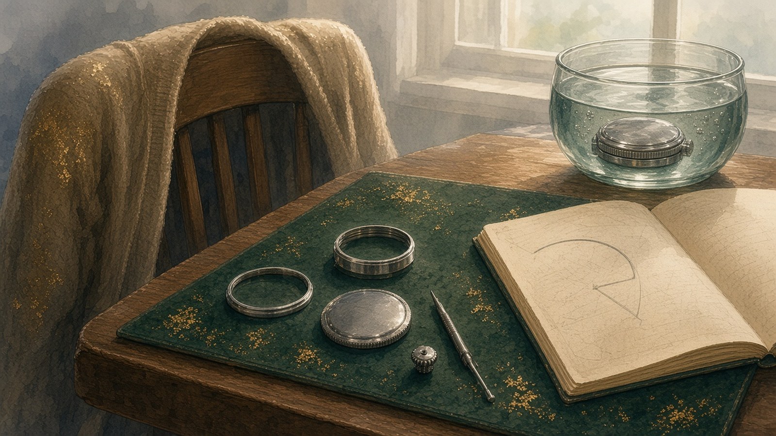 Painting of a workbench by a window with the parts of a round steel watch case laid out on a green felt mat, a small crown and a fine screwdriver beside them, an open notebook sketched with a half-moon rotor, and a sealed watch case resting at the bottom of a glass bowl of water, a cardigan draped over the chair.