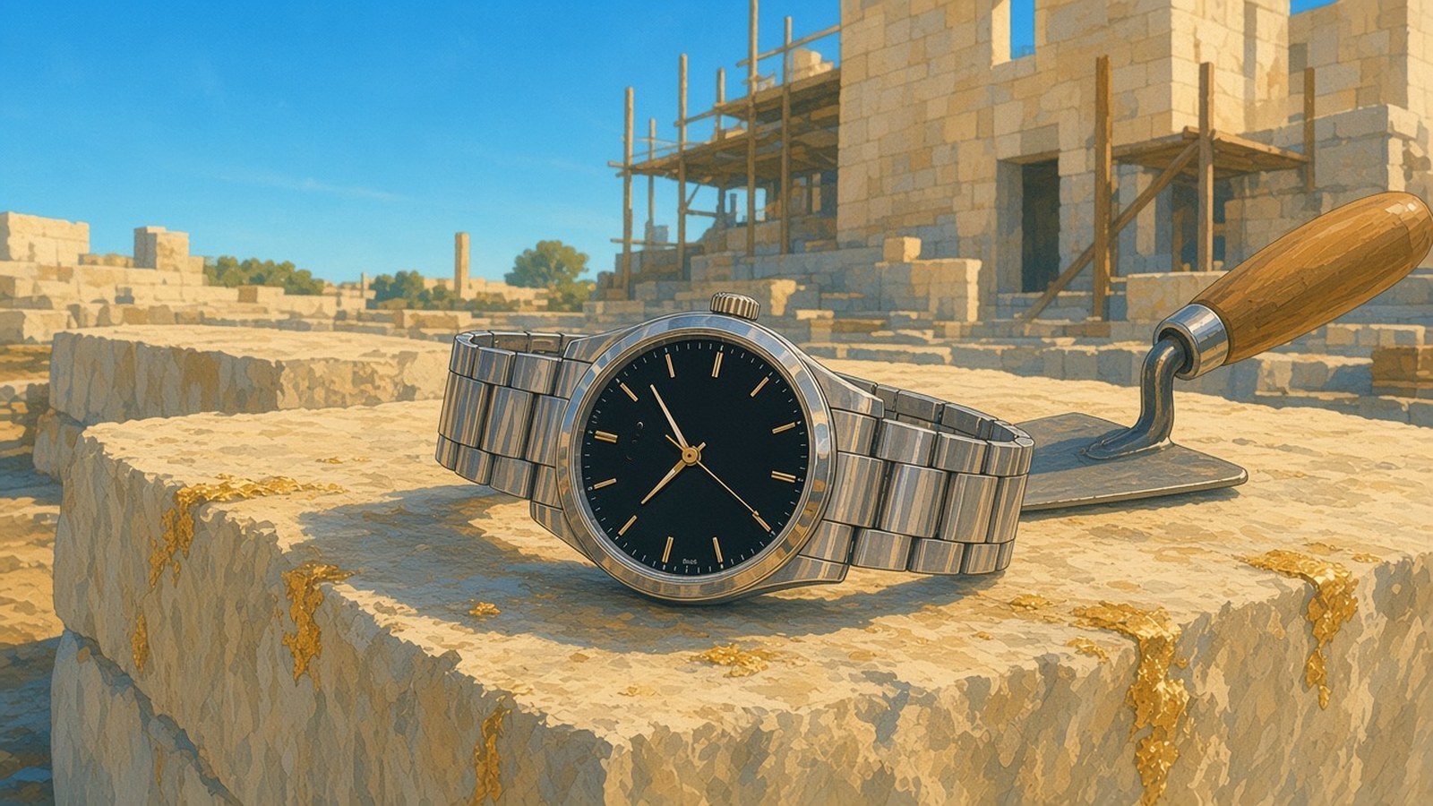 Painting of a plain black-dial steel watch resting on a new limestone foundation block at a sunny building site, a trowel beside it and scaffolding behind