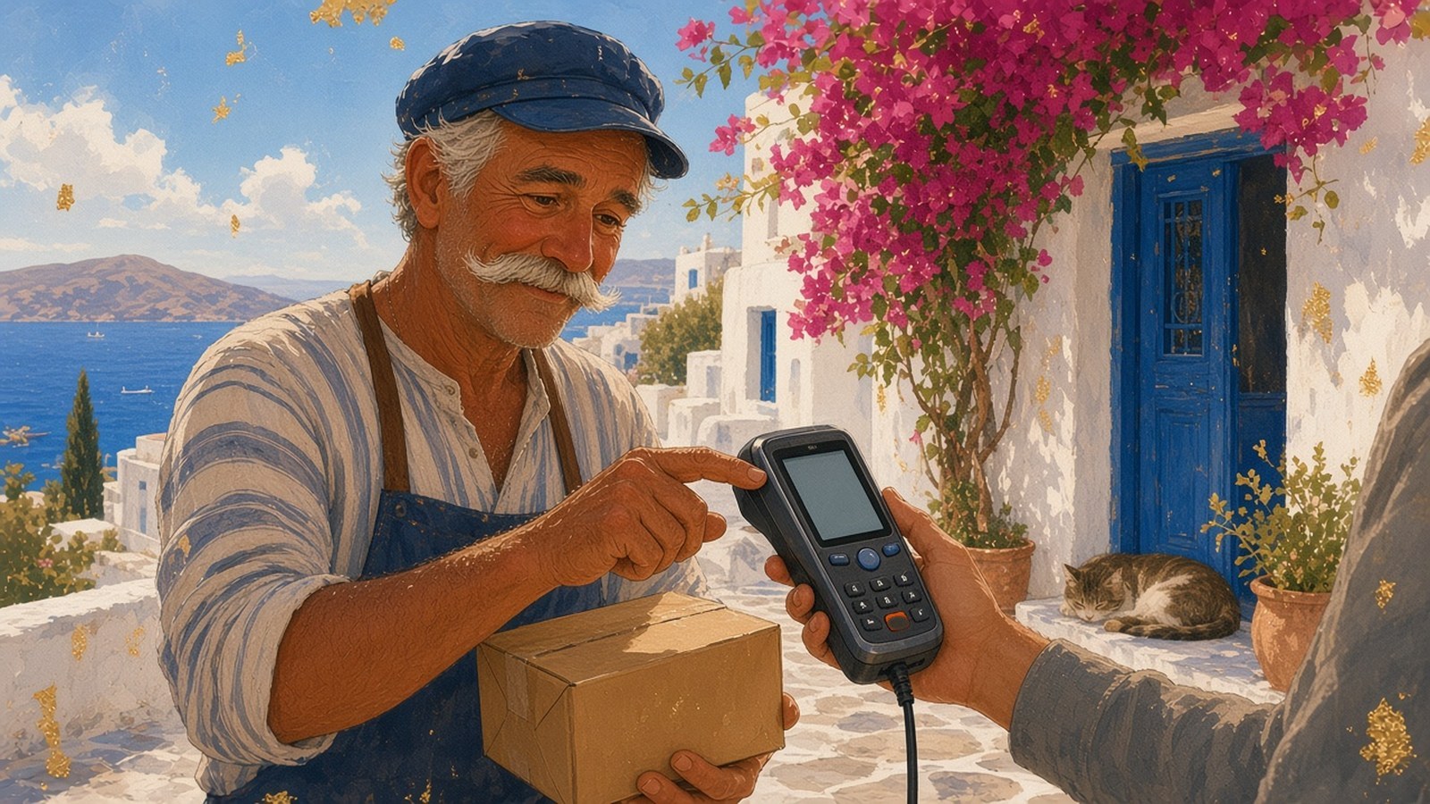Painting of an old Greek fisherman with a white moustache signing for a small parcel on a courier's handheld device outside a blue door draped in bougainvillea