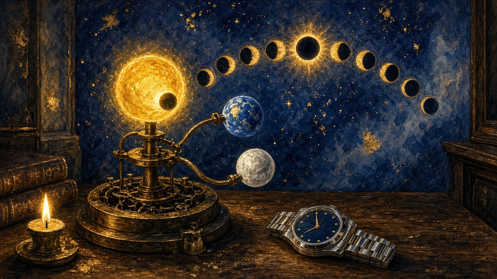 Painting of a brass orrery casting an eclipse in candlelight beside a blue-dial steel watch, a fresco of eclipse phases on the wall behind