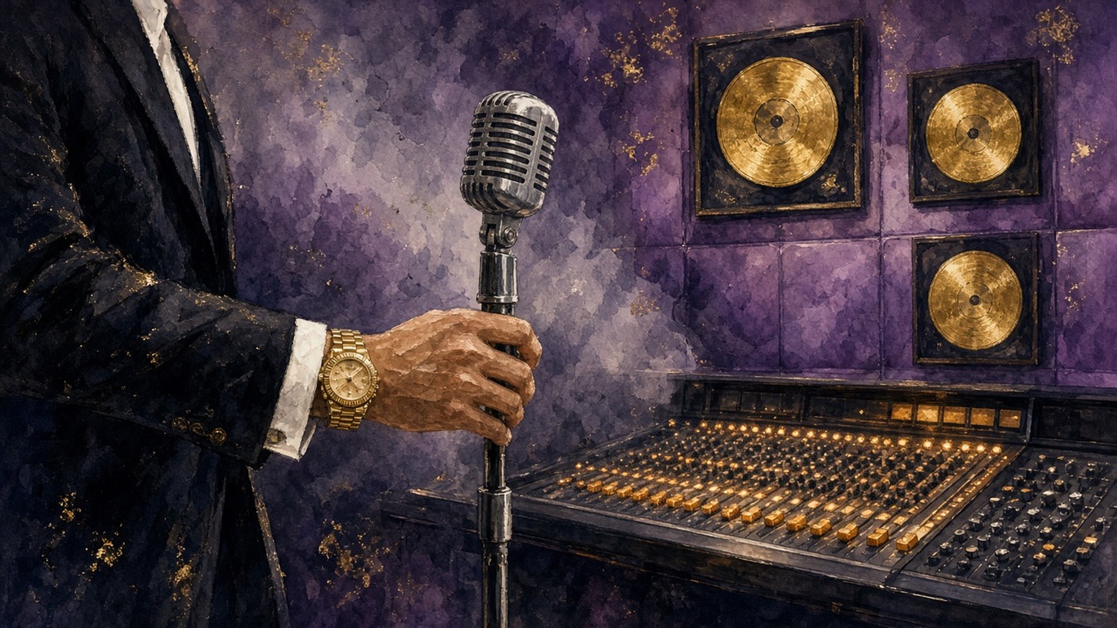 Painting of a suited arm wearing a gold watch holding a vintage studio microphone in front of a mixing desk and framed gold discs on a violet wall