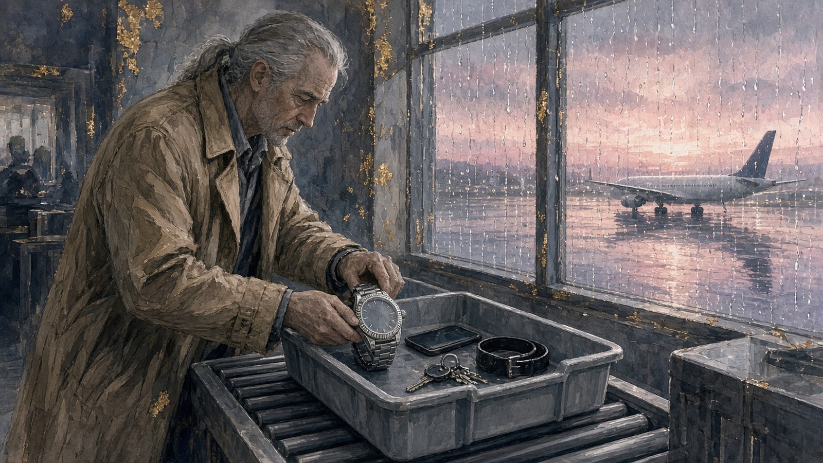 Painting of a grey-ponytailed man in a tan trench coat placing his steel watch in an airport security tray with his phone, keys and belt, a jet outside the rainy dawn window