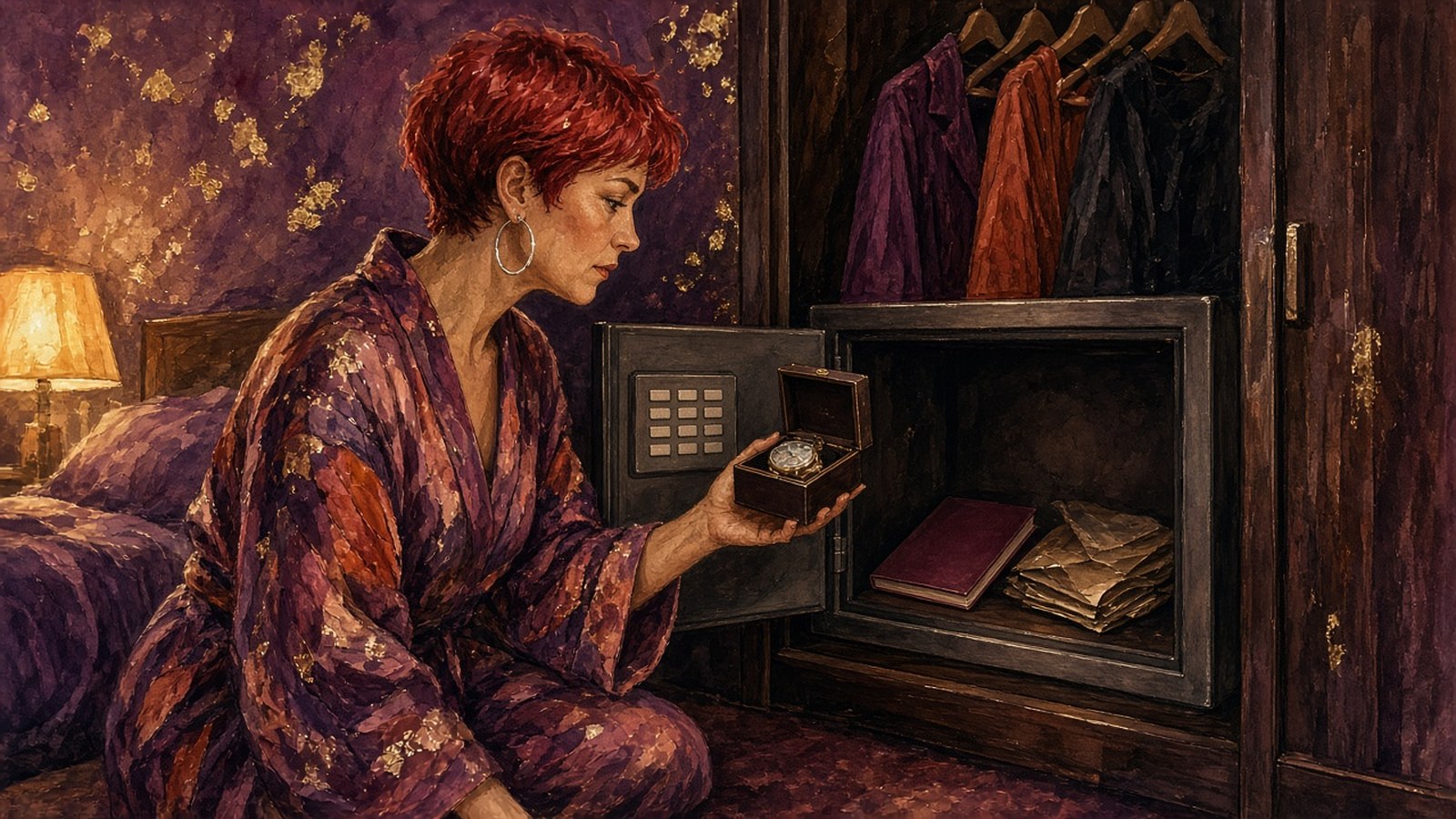 Painting of a woman with a henna-red pixie cut in a kimono robe kneeling at a hotel wardrobe safe, holding a small box with a watch, papers and a booklet inside