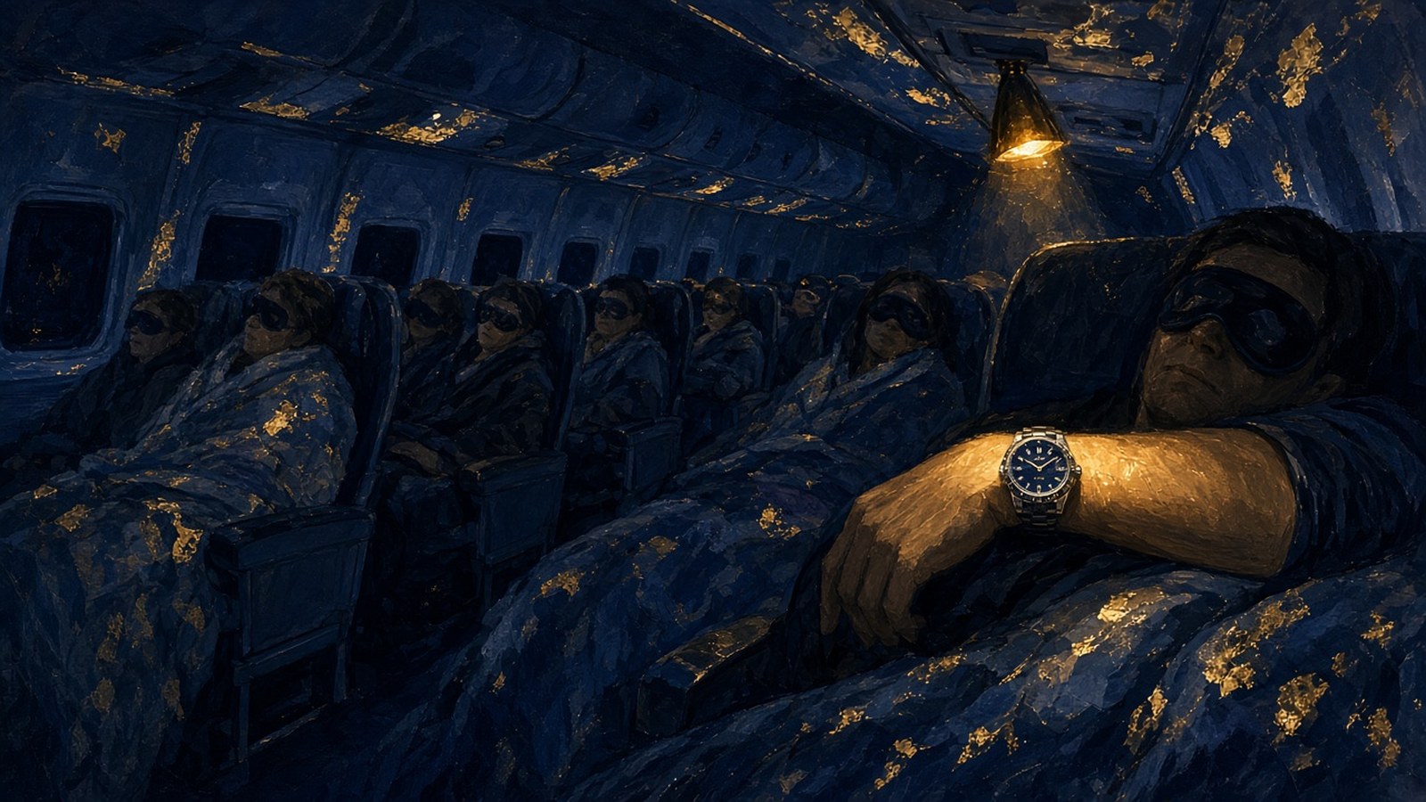 Painting of a dim overnight airplane cabin of sleeping passengers in eye masks, a single reading light falling on a forearm with a blue-dial watch