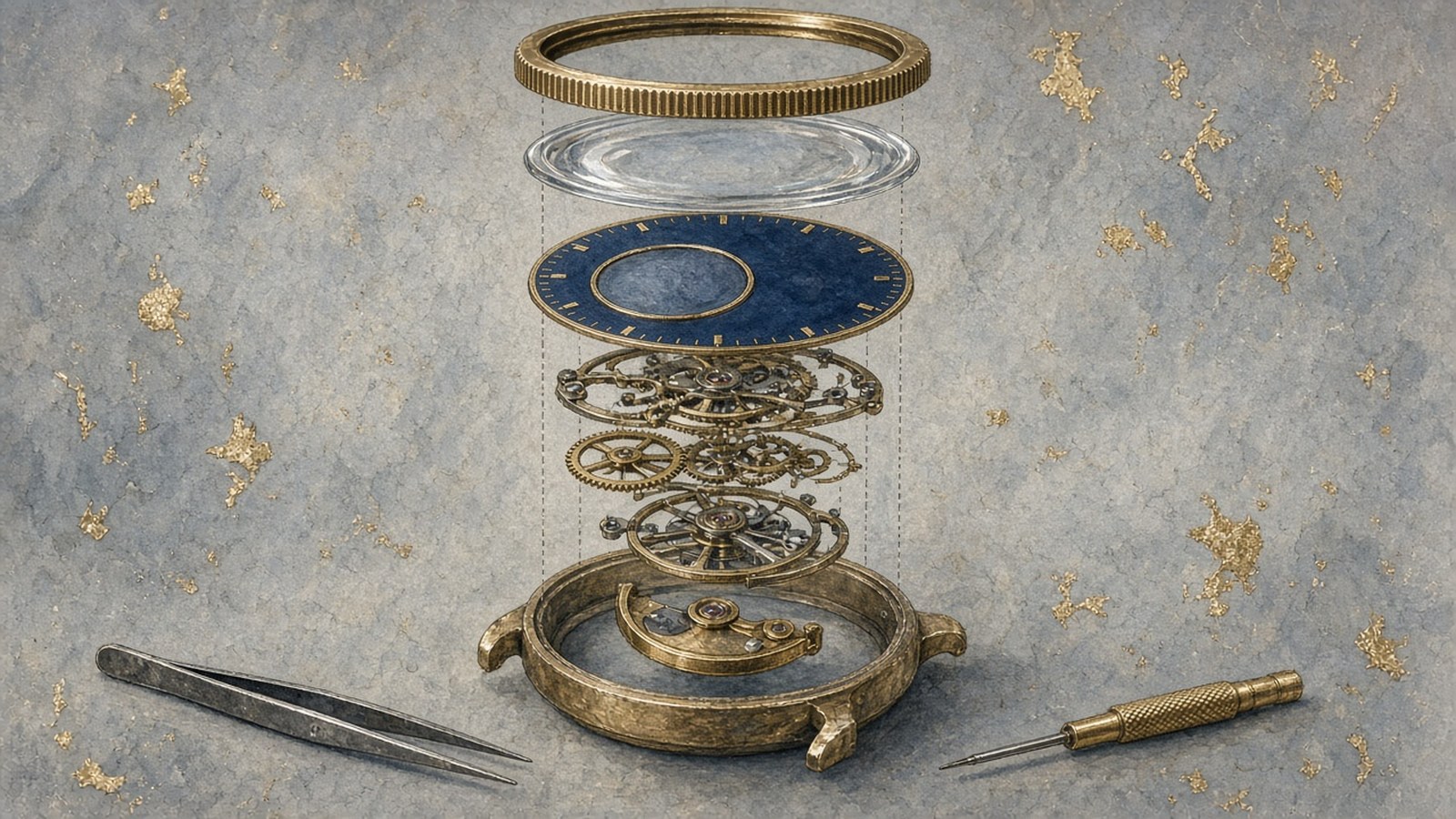 Painting of an exploded view on grey-blue paper showing a watch's bezel, crystal, blue dial, gears and case, with tweezers and a screwdriver