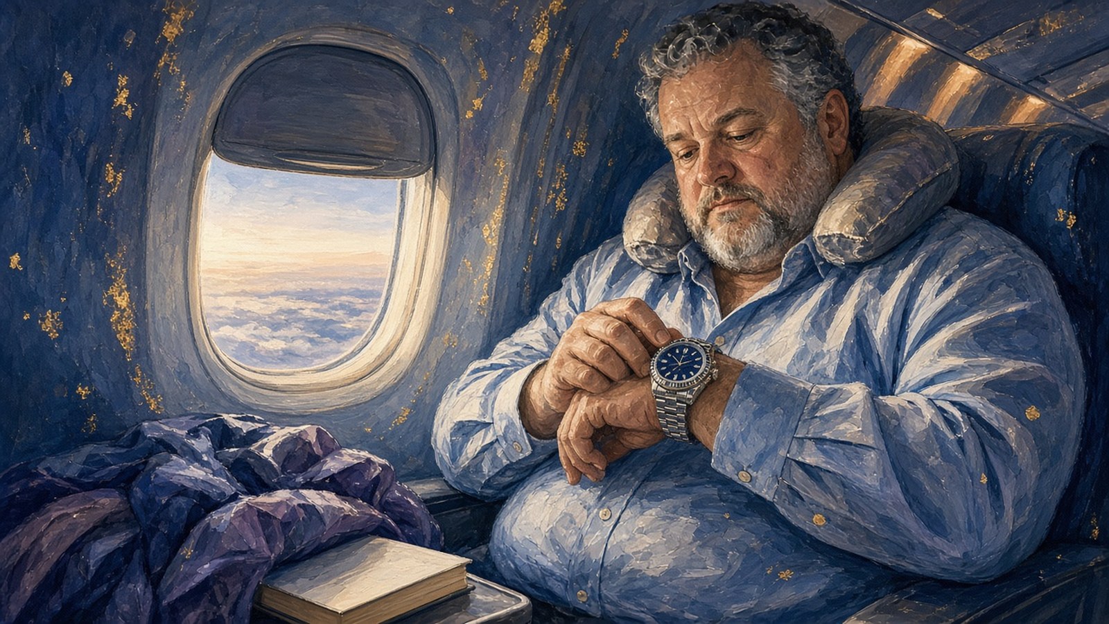 Painting of a heavyset man with a salt-and-pepper beard and neck pillow in an airplane window seat at dawn, touching the blue-dial watch on his wrist