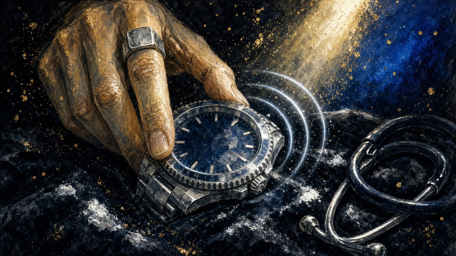 Painting of ringed fingers turning the bezel of a blue-dial watch on black velvet, glowing arcs of light tracing its rotation