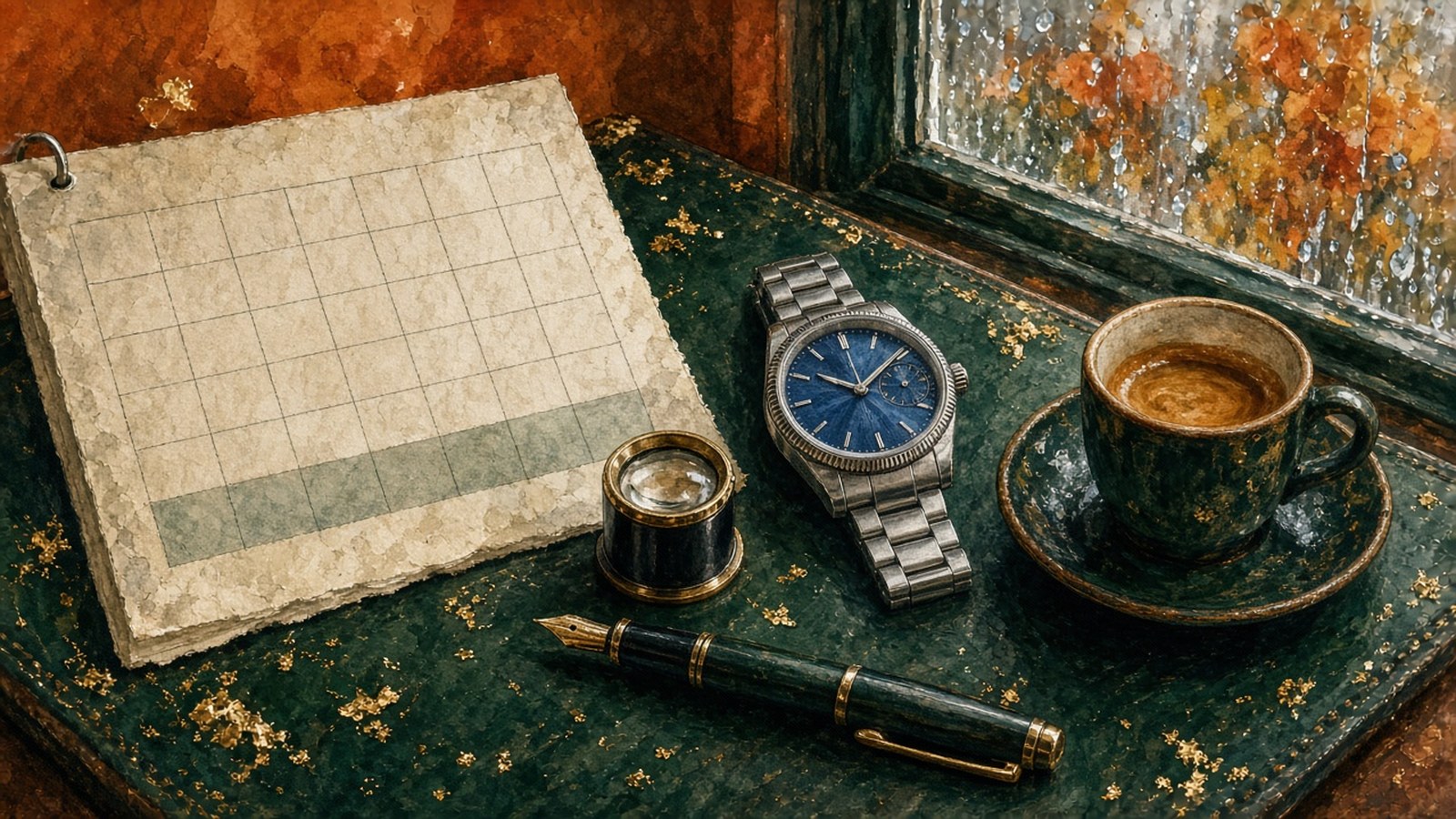 Painting of a desk calendar with its last row shaded beside a loupe, a blue-dial steel watch, a fountain pen and an espresso by a rainy autumn window