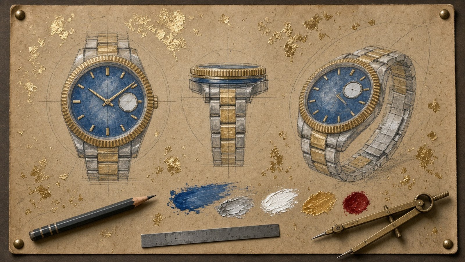 Painting of a jeweller's design sheet on tan paper with three watch studies, paint swatches, a pencil, a ruler and a compass