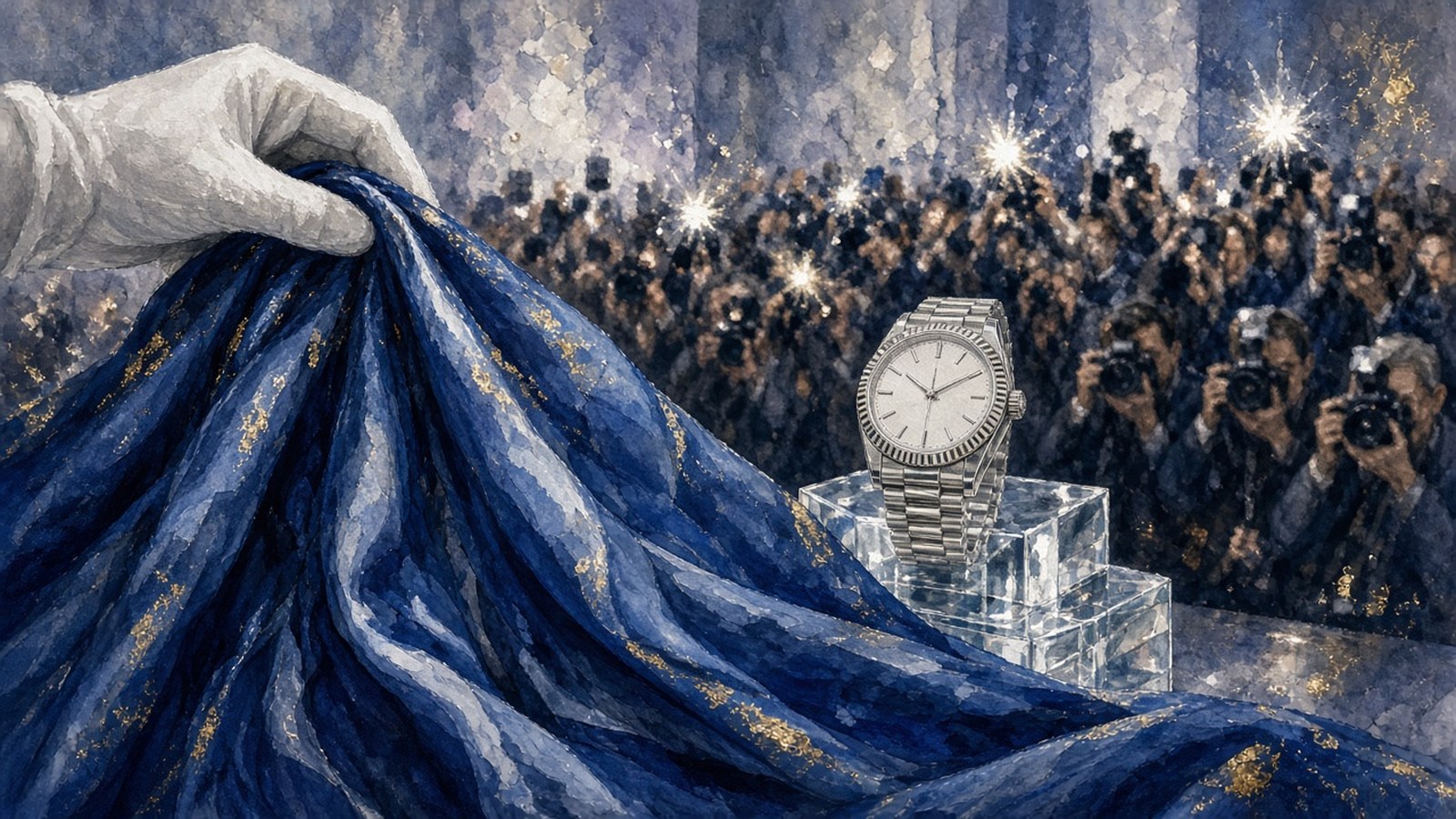 Painting of a white-gloved hand pulling blue silk off a white gold watch on a glass plinth as photographers' flashes burst
