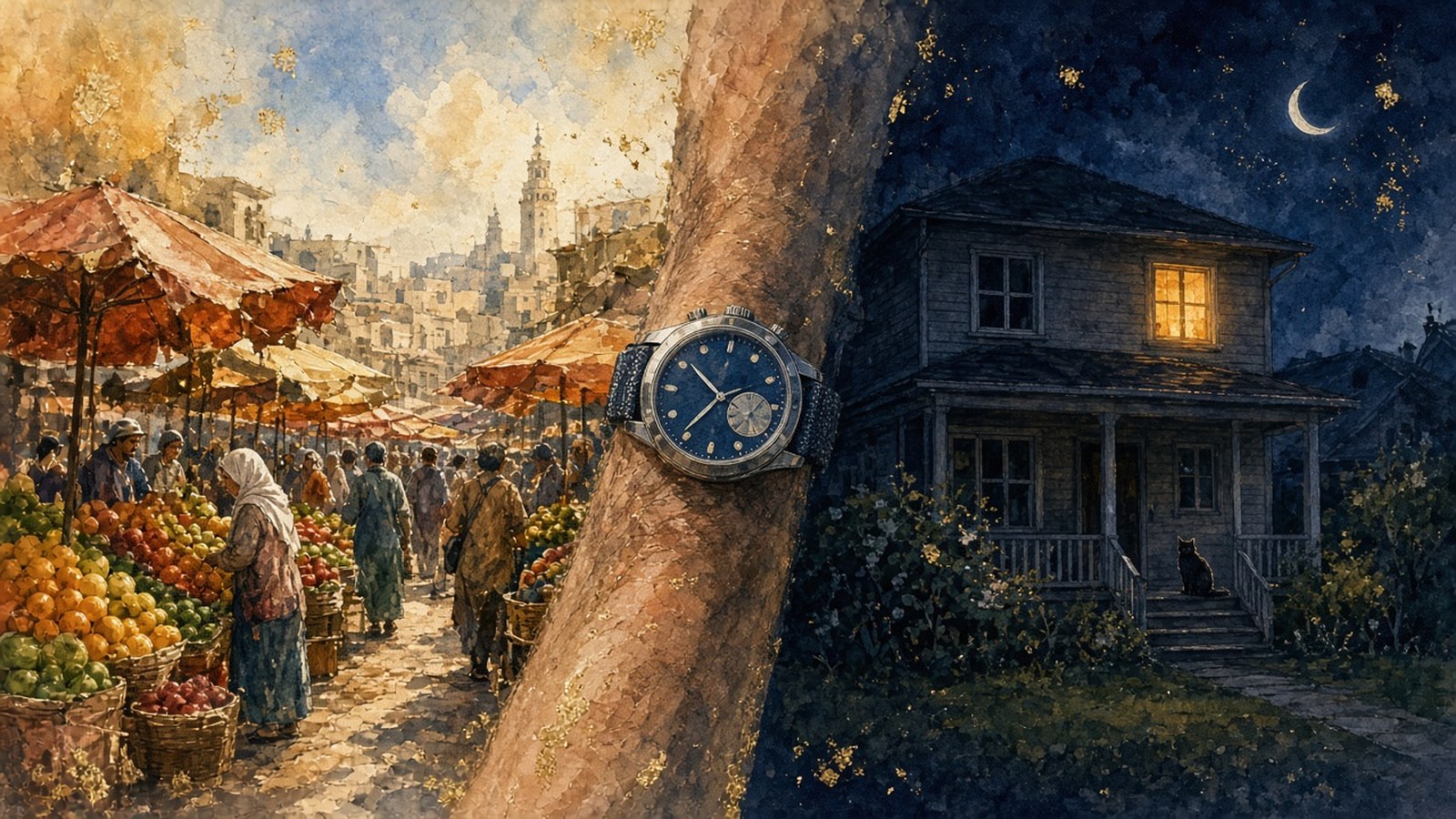 Painting split between a sunny market and a moonlit house with a cat on the porch, a forearm wearing a blue-dial watch running down the middle