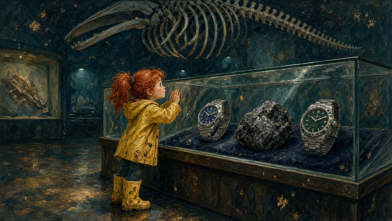 Painting of a red-pigtailed girl in a yellow raincoat gazing into a museum case of blue- and green-dial watches and a meteorite under a whale skeleton