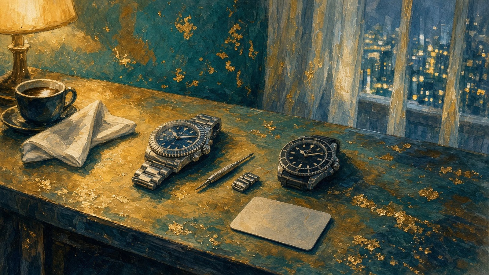 Painting of a hotel desk with a blue-dial complicated watch and a black dive watch beside a spare bracelet link, a tiny screwdriver, a key card and coffee