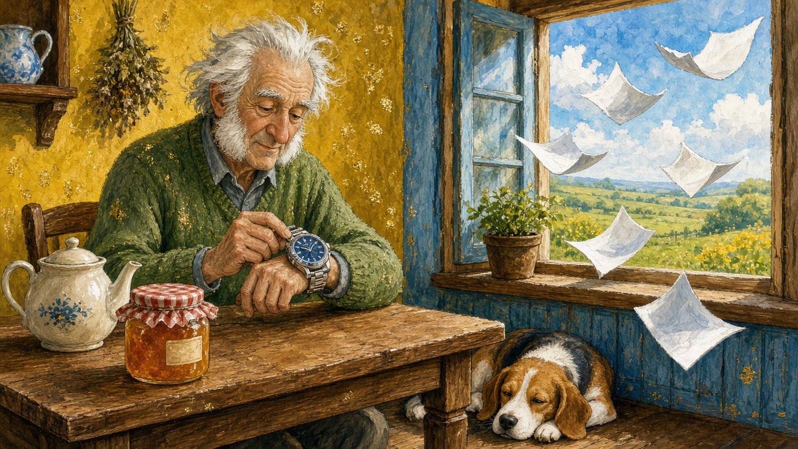 Painting of an old man with white sideburns in a green sweater setting his blue-dial watch while calendar pages fly out the window, a teapot, marmalade and a beagle nearby