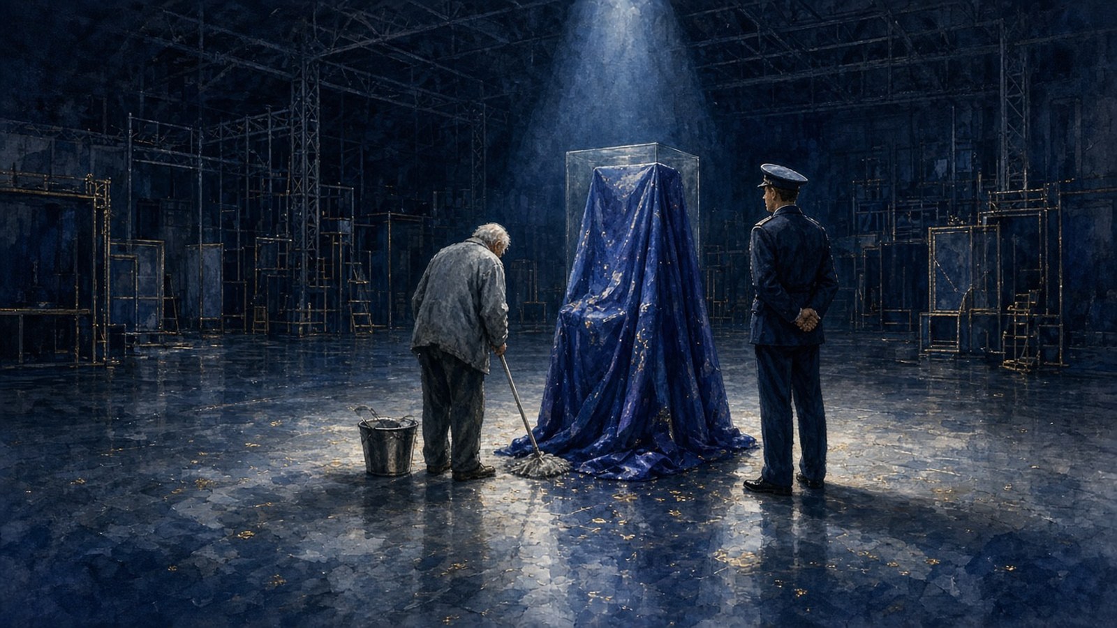 Painting of a dark exhibition hall where a cleaner with a mop and a guard in a peaked cap stand beside a spotlit plinth hidden under blue silk