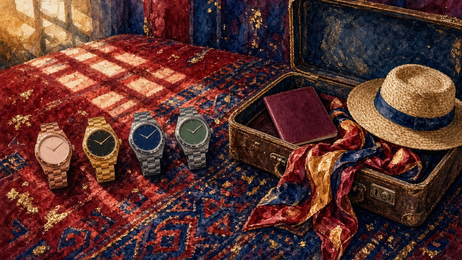 Painting of four watches in rose gold, yellow gold, blue-dial steel and green-dial steel laid on a kilim-covered bed beside an open suitcase, a silk scarf and a straw hat