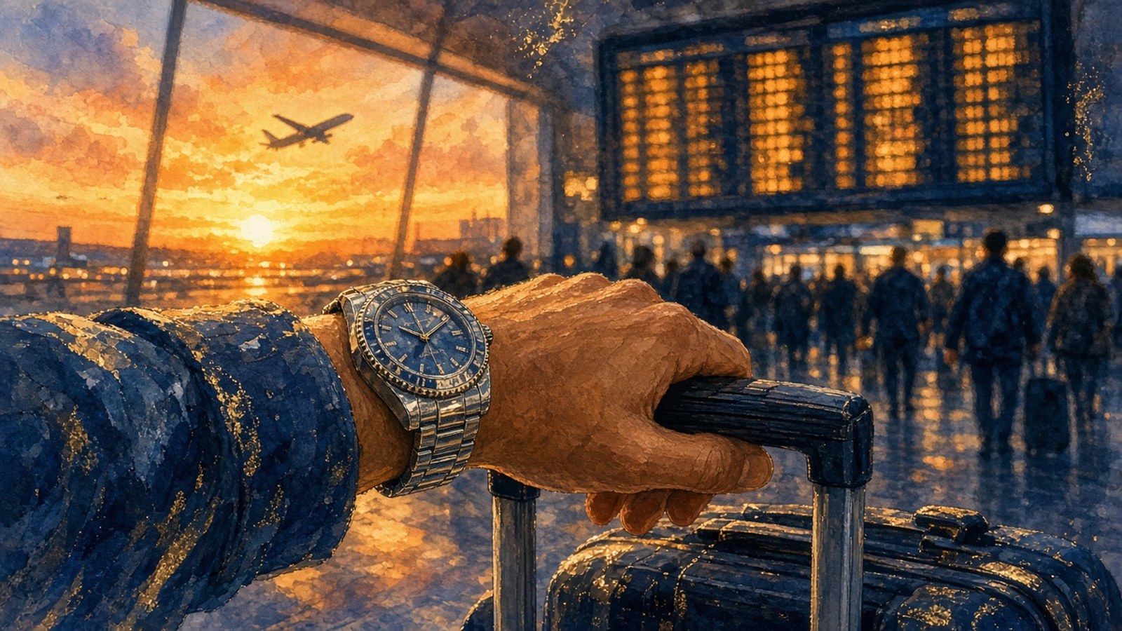 Painting of a hand wearing a blue-dial watch gripping a suitcase handle at golden hour before a blurred amber departure board and a plane taking off