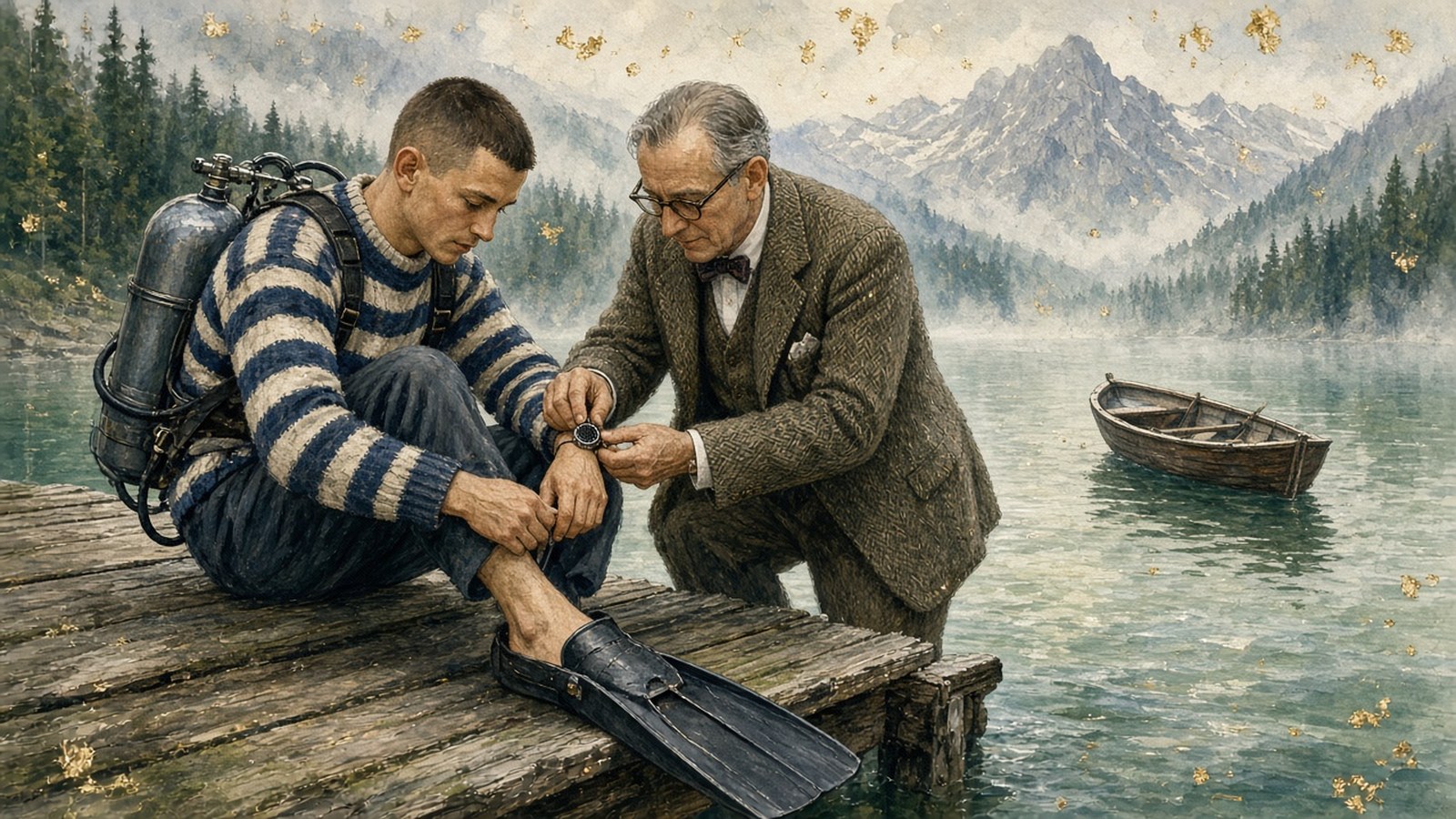 Painting of an older engineer in tweed fastening a steel watch onto a young aqualung diver's wrist on an alpine lake jetty