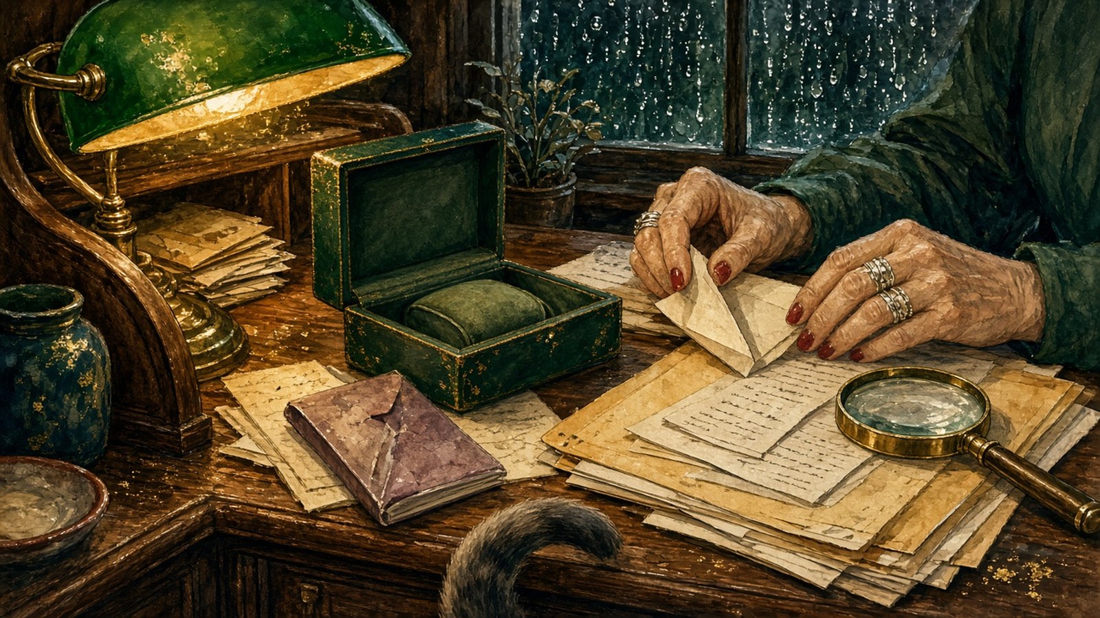 Painting of a woman's ringed hands sorting service receipts beside an open green watch box and a magnifying glass under a banker's lamp
