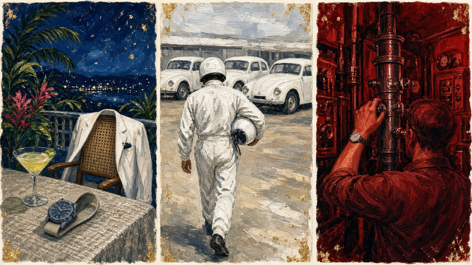 Painted triptych of a dinner jacket and diver's watch on a tropical terrace, a race driver walking away, and a sailor at a periscope in red light