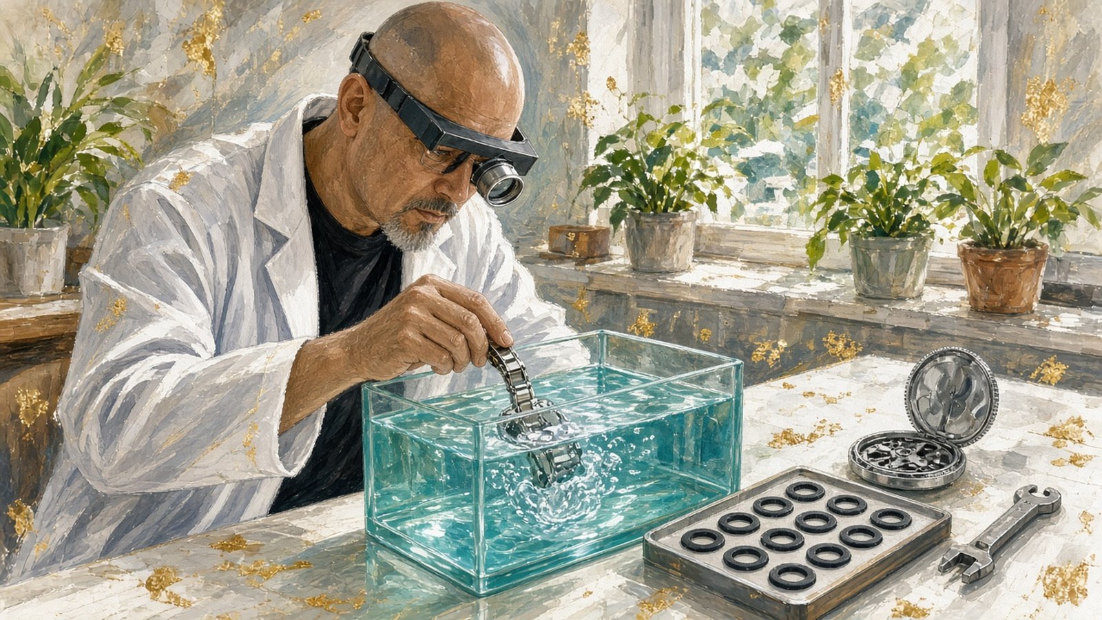 Painting of a watchmaker in a magnifying visor lowering a steel dive watch into a water tank to check for bubbles, new gaskets on a tray