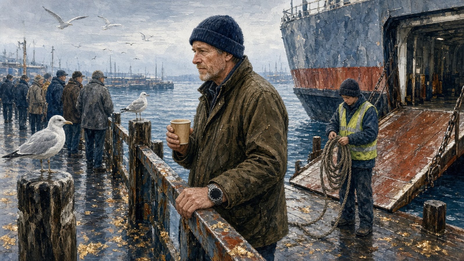Painting of a weathered man in a navy beanie in a morning ferry queue, coffee in hand, a black-dial steel watch showing at his jacket cuff