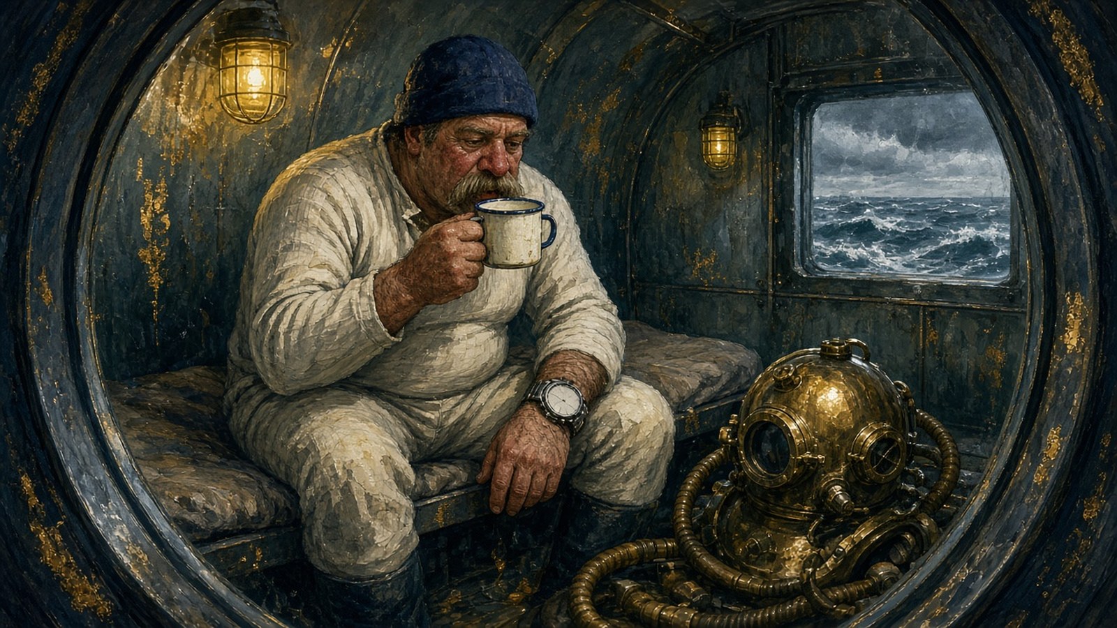 Painting of a moustached saturation diver drinking tea in a decompression chamber beside a brass diving helmet, a steel watch on his wrist