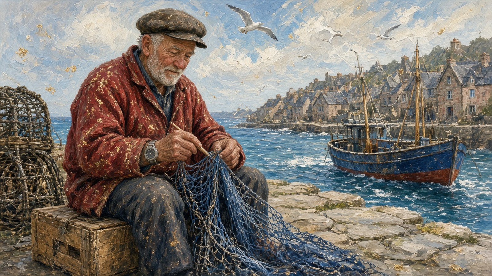 Painting of an old Breton fisherman in a red smock mending a blue net on the quay, a faded steel diver's watch on his wrist