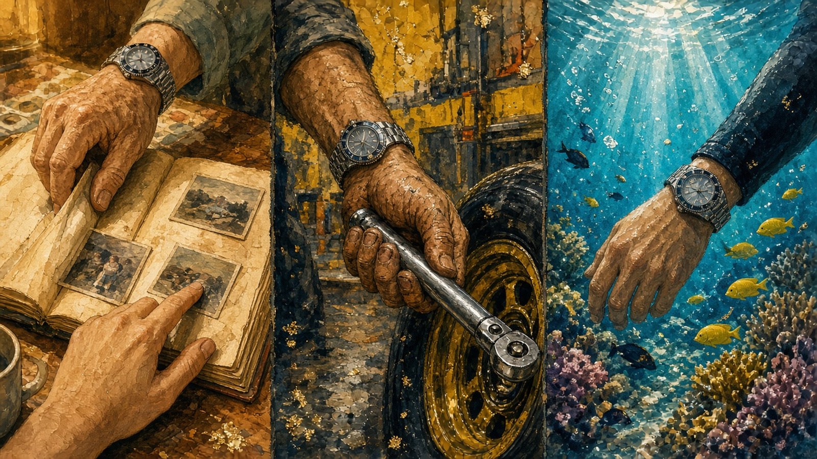 Painted vignettes of watch-wearing hands turning a family album, gripping a torque wrench, and reaching over a coral reef