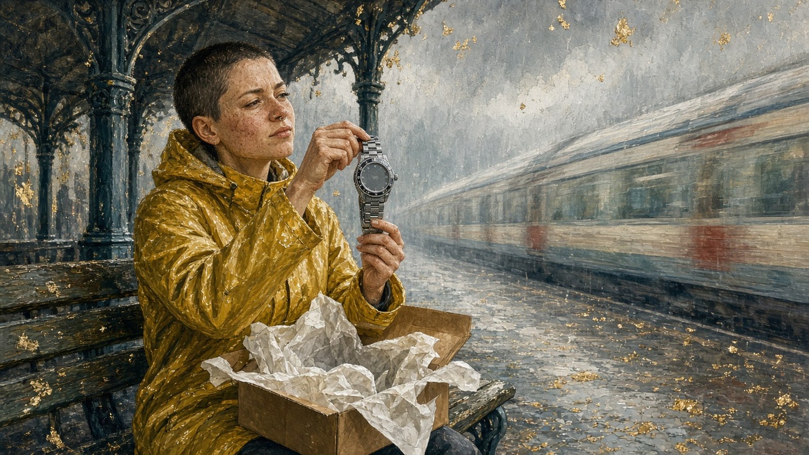 Painting of a young woman in a mustard raincoat on a station bench inspecting a steel diver's watch from an open parcel