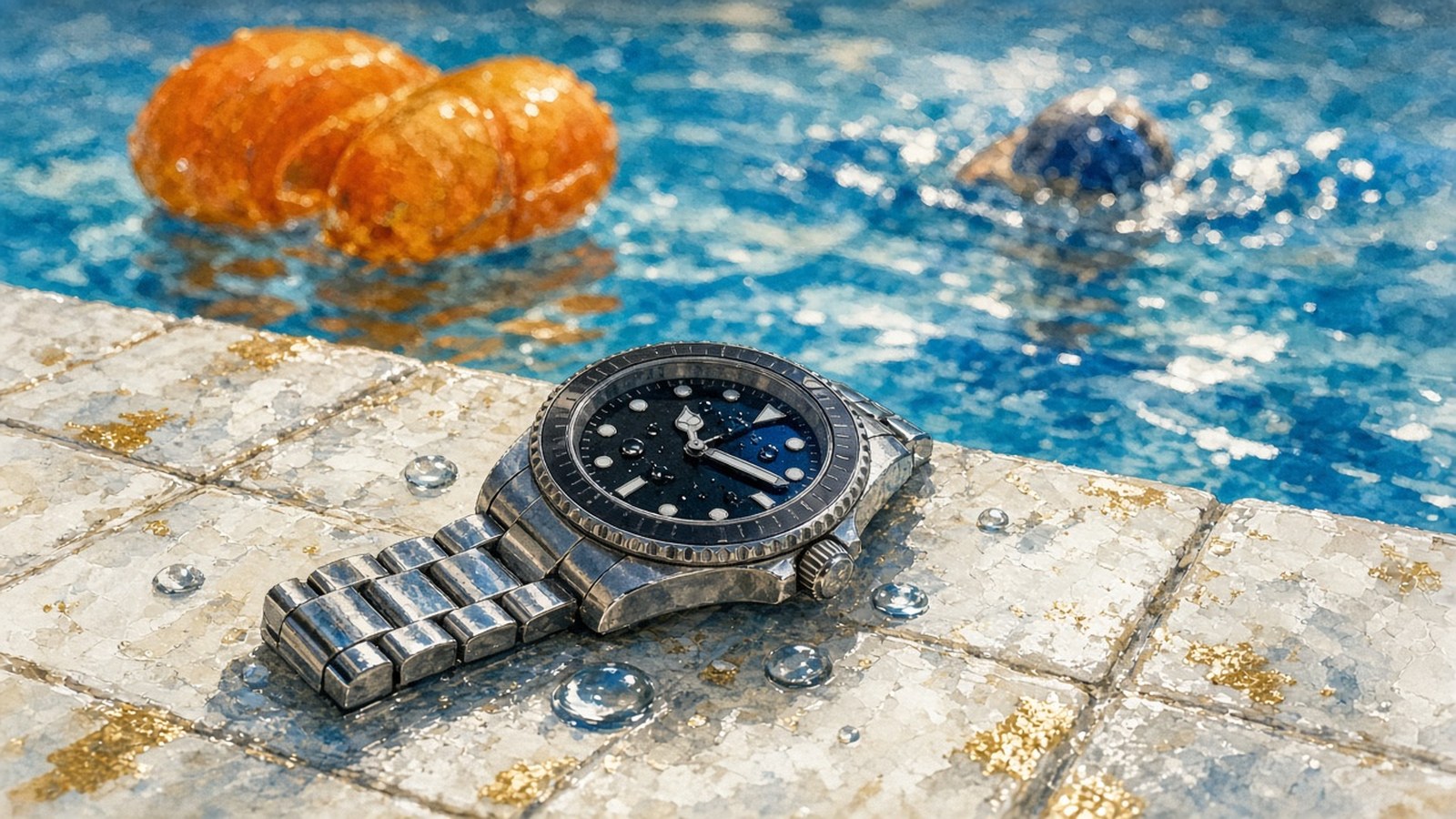 Painting of a steel diver's watch beaded with water on the tiled edge of a swimming pool, an orange armband floating beyond