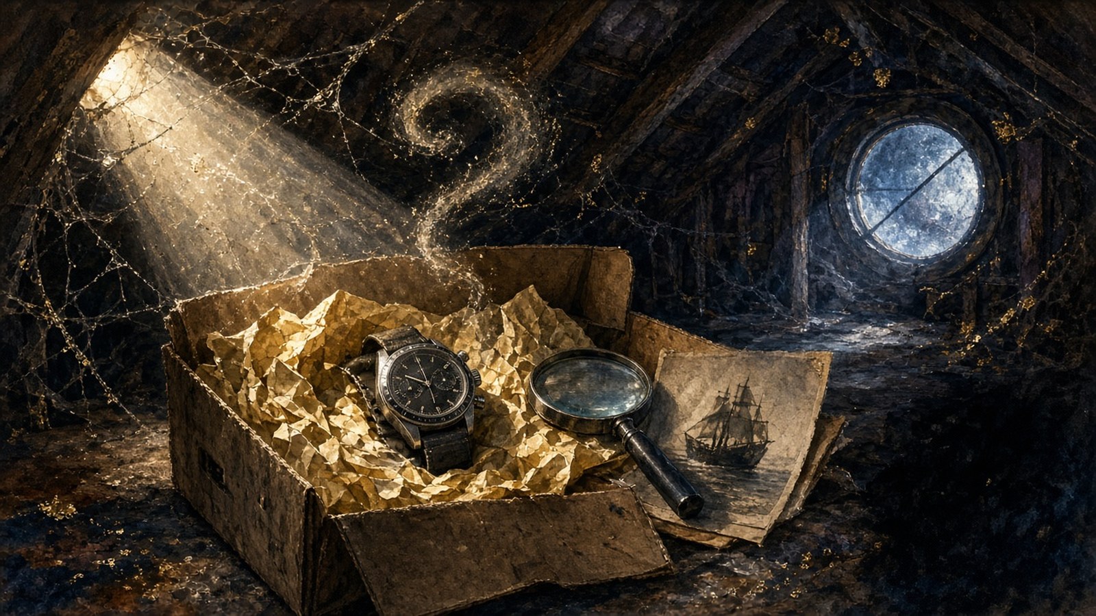 Painting of a torch beam in a dusty attic falling on an archive box holding a black chronograph, a magnifying glass and an old sailing-ship photograph by a moonlit round window
