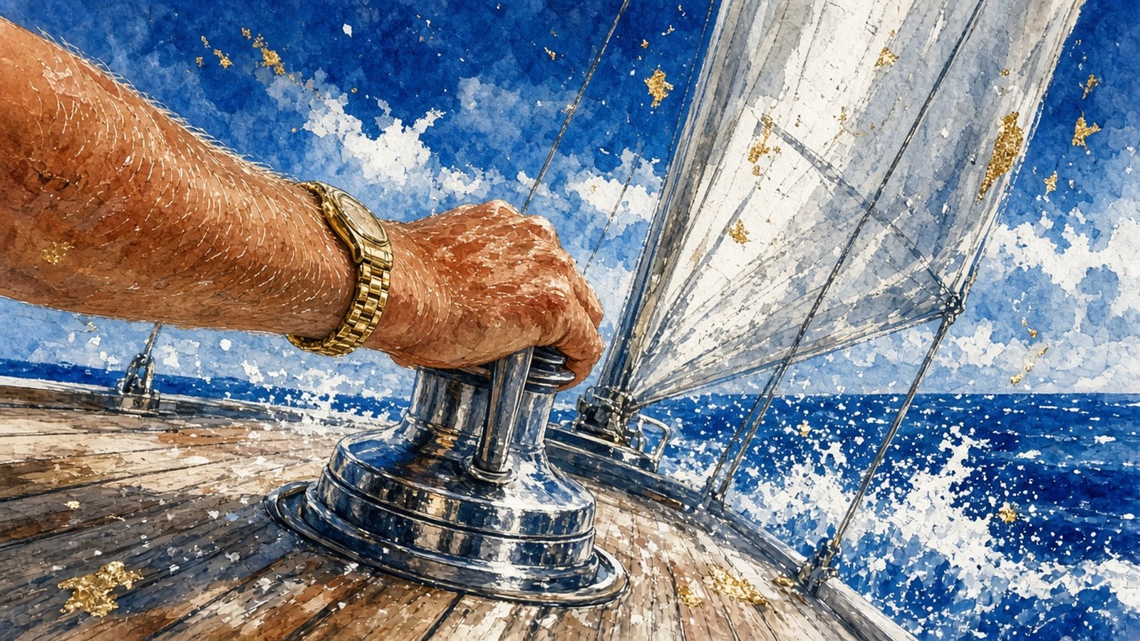 Painting of a sunburnt forearm wearing a gold watch gripping a chrome winch on a teak deck, a white sail and deep blue sea beyond